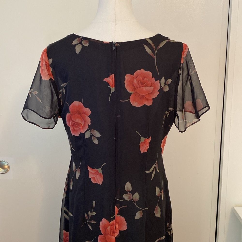 Vintage 90's Kathie Lee Black Rose Print Midi Dress Size 8 - Picture 7 of 12